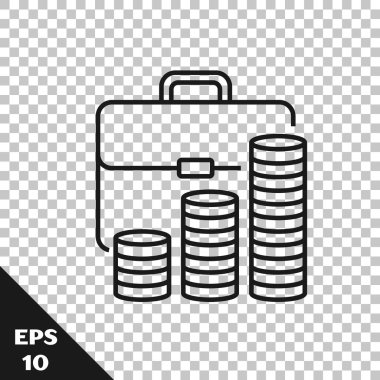 Siyah çizgi Evrak Çantası ve sikke simgesi şeffaf arka plan üzerinde izole. İş davası işareti. İş portföyü. Vektör İllüstrasyonu