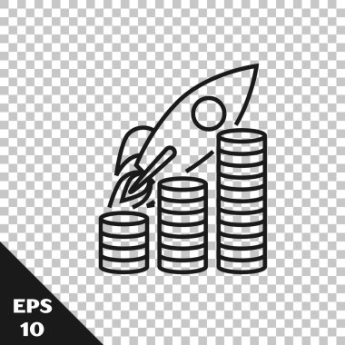 Siyah çizgi Roket şeffaf arka plan üzerinde izole sikke büyüme grafik simgesi üzerinde uçan. Satışlardaki artışı gösteren grafik. Vektör İllüstrasyonu