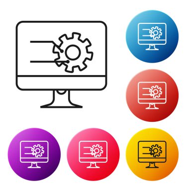 Siyah çizgi Grafik simgesi beyaz arka plan üzerinde izole ile Bilgisayar monitörü. Metin dosyası simgesini bildirin. Muhasebe işareti. Denetim, analiz, planlama. Simgeleri renkli daire düğmesine ayarlayın. Vektör İllüstrasyonu