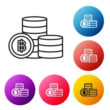 Siyah çizgi Beyaz arka plan üzerinde izole kağıt para nakit simgesi yığınları. Para banknotları yığınları. Fatura para birimi. Simgeleri renkli daire düğmeleri ayarlayın. Vektör İllüstrasyonu