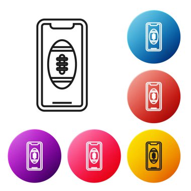 Beyaz arka plan üzerinde izole ekran simgesi amerikan futbol topu ile Siyah çizgi Smartphone. Cep telefonu için online futbol oyunu. Simgeleri renkli daire düğmeleri ayarlayın. Vektör İllüstrasyonu