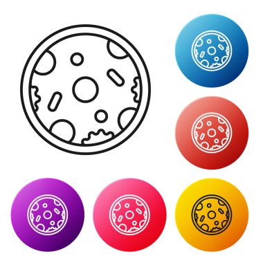 Siyah çizgi Pizza simgesi beyaz arka planda yalıtılmış. Fast food menüsü. Simgeleri renkli daire düğmeleri ayarlayın. Vektör İllüstrasyonu