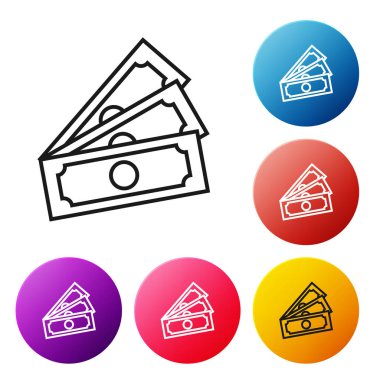 Siyah çizgi Beyaz arka plan üzerinde izole kağıt para nakit simgesi yığınları. Para banknotları yığınları. Fatura para birimi. Simgeleri renkli daire düğmeleri ayarlayın. Vektör İllüstrasyonu