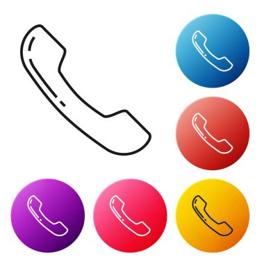 Siyah çizgi Telefon ahizesimgesi beyaz arka planda yalıtılmış. Telefon tabelası. Simgeleri renkli daire düğmeleri ayarlayın. Vektör İllüstrasyonu