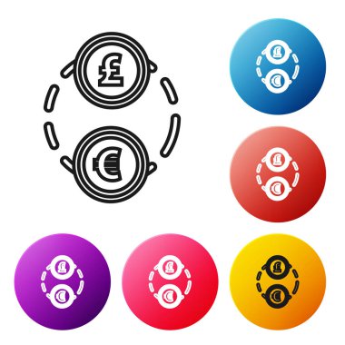 Siyah çizgi Para değişimi simgesi beyaz arka planda yalıtılmış. Euro ve Pound Sterling nakit transfer sembolü. Bankacılık para birimi işareti. Simgeleri renkli daire düğmeleri ayarlayın. Vektör İllüstrasyonu