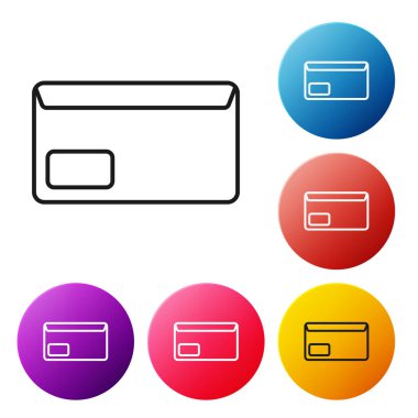 Beyaz arka planda yalıtılmış siyah çizgi Zarf simgesi. E-posta ileti mektubu simgesi. Simgeleri renkli daire düğmeleri ayarlayın. Vektör İllüstrasyonu