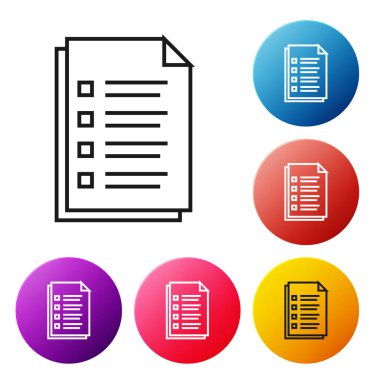 Beyaz arka planda yalıtılmış siyah satır Dosya belge simgesi. Denetim listesi simgesi. İş konsepti. Simgeleri renkli daire düğmeleri ayarlayın. Vektör İllüstrasyonu