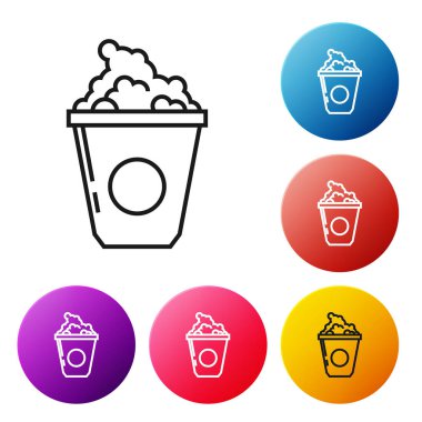 Beyaz arka plan üzerinde izole karton kutu simgesi siyah çizgi Patlamış mısır. Patlamış mısır kova kutusu. Simgeleri renkli daire düğmeleri ayarlayın. Vektör İllüstrasyonu