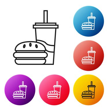 Beyaz arka plan üzerinde izole saman ve burger simgesi içme ile Siyah hat Kağıt cam. Soda su içecek işareti. Hamburger, çizburgerli sandviç. Simgeleri renkli daire düğmeleri ayarlayın. Vektör İllüstrasyonu