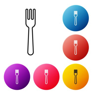 Siyah çizgi Çatal simgesi beyaz arka planda yalıtılmış. Çatal bıçak takımı sembolü. Simgeleri renkli daire düğmeleri ayarlayın. Vektör İllüstrasyonu