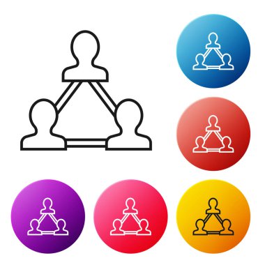 Beyaz arka plan üzerinde siyah çizgi Proje takım taban simgesi. İş analizi ve planlaması, danışmanlık, ekip çalışması, proje yönetimi. Geliştiriciler. Simgeleri renkli daire düğmeleri ayarlayın. Vektör İllüstrasyonu