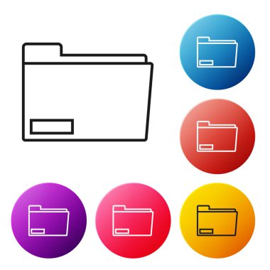 Beyaz arkaplanda siyah çizgi dosya klasörü simgesi izole edildi. Muhasebe klasörü sembolü. Muhasebe yönetimi. Renkli daire düğmelerini ayarlayın. Vektör İllüstrasyonu