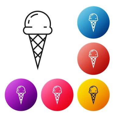Beyaz arka plan üzerinde izole waffle konisi simgesi siyah çizgi Dondurma. Tatlı bir sembol. Simgeleri renkli daire düğmeleri ayarlayın. Vektör İllüstrasyonu