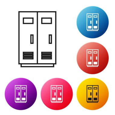 Siyah çizgi Locker veya futbol, basketbol takımı veya işçi simgesi beyaz arka plan üzerinde izole için oda değiştirme. Simgeleri renkli daire düğmeleri ayarlayın. Vektör İllüstrasyonu