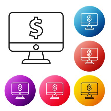 Beyaz arka planda yalıtılmış dolar sembolü simgesi ile Siyah çizgi Laptop. Online alışveriş konsepti. İnternettekazanç, pazarlama. Simgeleri renkli daire düğmeleri ayarlayın. Vektör İllüstrasyonu