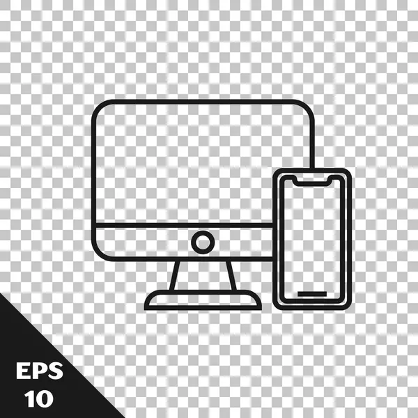 Linha preta Monitor de computador e ícone de telefone celular isolado em fundo transparente. Ganhos na Internet, marketing. Ilustração vetorial — Vetor de Stock