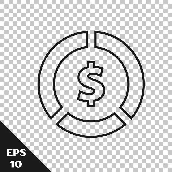 Linha preta Moeda dinheiro com símbolo de dólar ícone isolado em fundo transparente. Sinal de moeda bancária. Símbolo. Ilustração vetorial — Vetor de Stock
