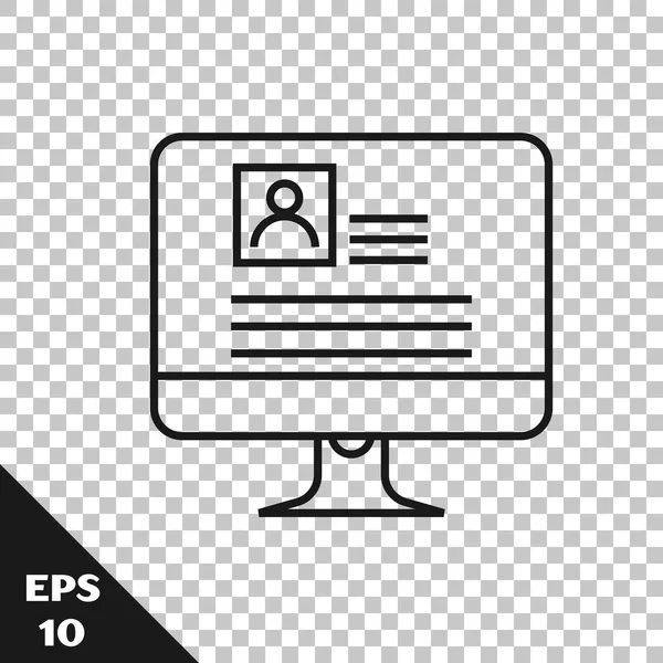 Linha preta Monitor de computador com ícone de currículo isolado em fundo transparente. Aplicação CV. Buscando pessoal profissional. Analisando pessoal retomar. Ilustração vetorial — Vetor de Stock