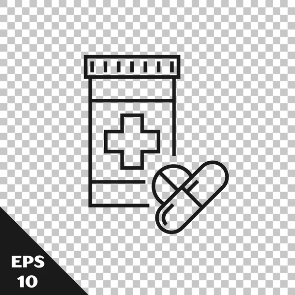 Fekete vonal Medicine üveg és tabletták ikon izolált átlátszó háttérrel. Palack tabletta jele. Gyógyszertári tervezés. Vektoros illusztráció — Stock Vector