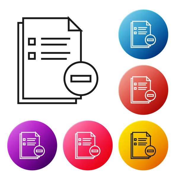 Linha preta Documento com ícone de menos isolado no fundo branco. Documento claro. Remover documento de arquivo. Apagar arquivo de informações. Definir ícones coloridos botões círculo. Ilustração vetorial — Vetor de Stock