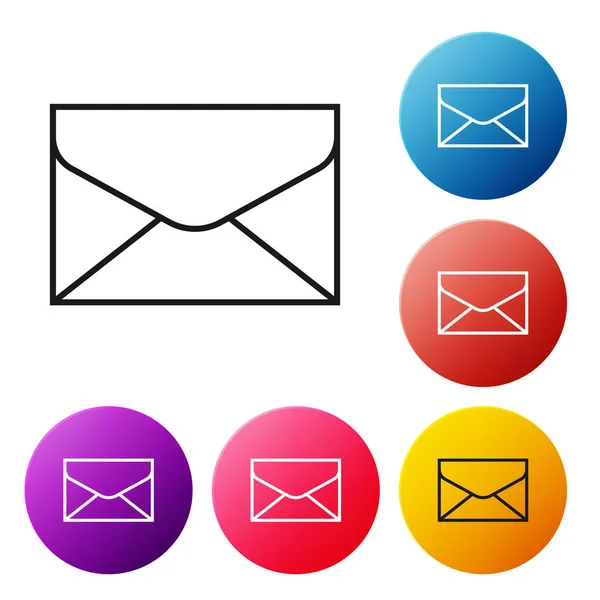Zwarte lijn envelop pictogram geïsoleerd op witte achtergrond. E-mail bericht letter symbool. Set pictogrammen kleurrijke cirkel knoppen. Vector illustratie — Stockvector