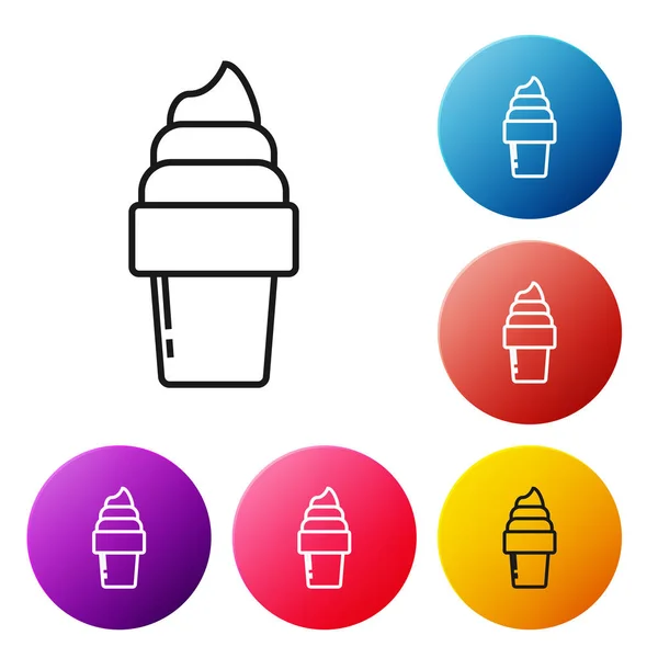 Línea negra Helado en icono de cono de gofre aislado sobre fondo blanco. Dulce símbolo. Establecer iconos botones círculo de colores. Ilustración vectorial — Archivo Imágenes Vectoriales