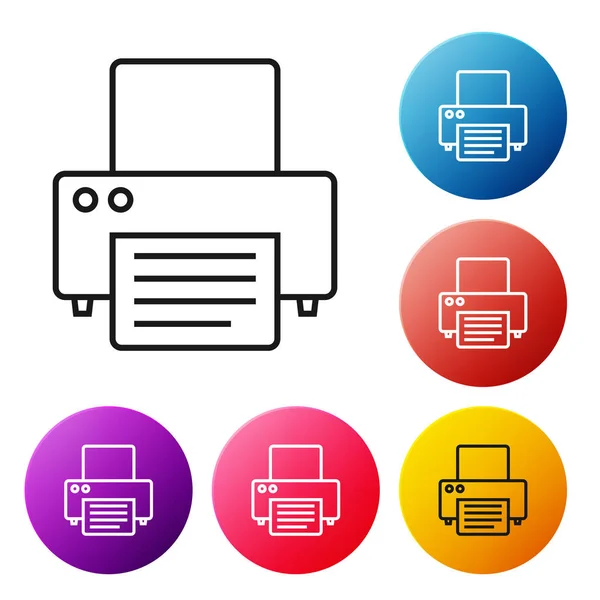 Ligne noire Icône d'imprimante isolée sur fond blanc. Définir des icônes boutons de cercle colorés. Illustration vectorielle — Image vectorielle