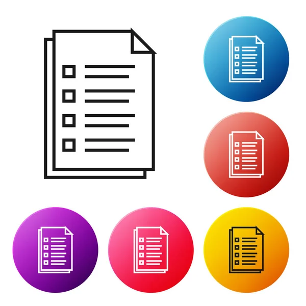 Zwarte lijn bestands documentpictogram geïsoleerd op witte achtergrond. Controlelijstpictogram. Bedrijfsconcept. Set pictogrammen kleurrijke cirkel knoppen. Vector illustratie — Stockvector
