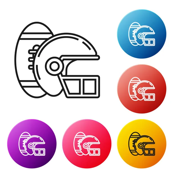 Linea nera American Football ball e l'icona del casco isolato su sfondo bianco. Set di attrezzature sportive. Set icone colorati pulsanti cerchio. Illustrazione vettoriale — Vettoriale Stock