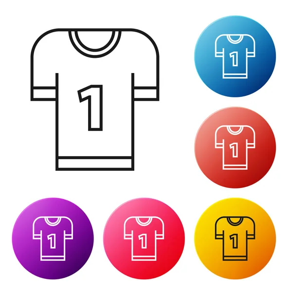 Icono de camiseta de fútbol americano de línea negra aislado sobre fondo blanco. Señal de uniforme de fútbol. Establecer iconos botones círculo de colores. Ilustración vectorial — Vector de stock