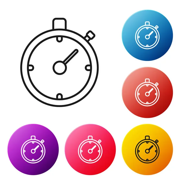 Zwarte lijn stopwatch pictogram geïsoleerd op witte achtergrond. Tijd timer teken. Chronometer-teken. Set pictogrammen kleurrijke cirkel knoppen. Vector illustratie — Stockvector