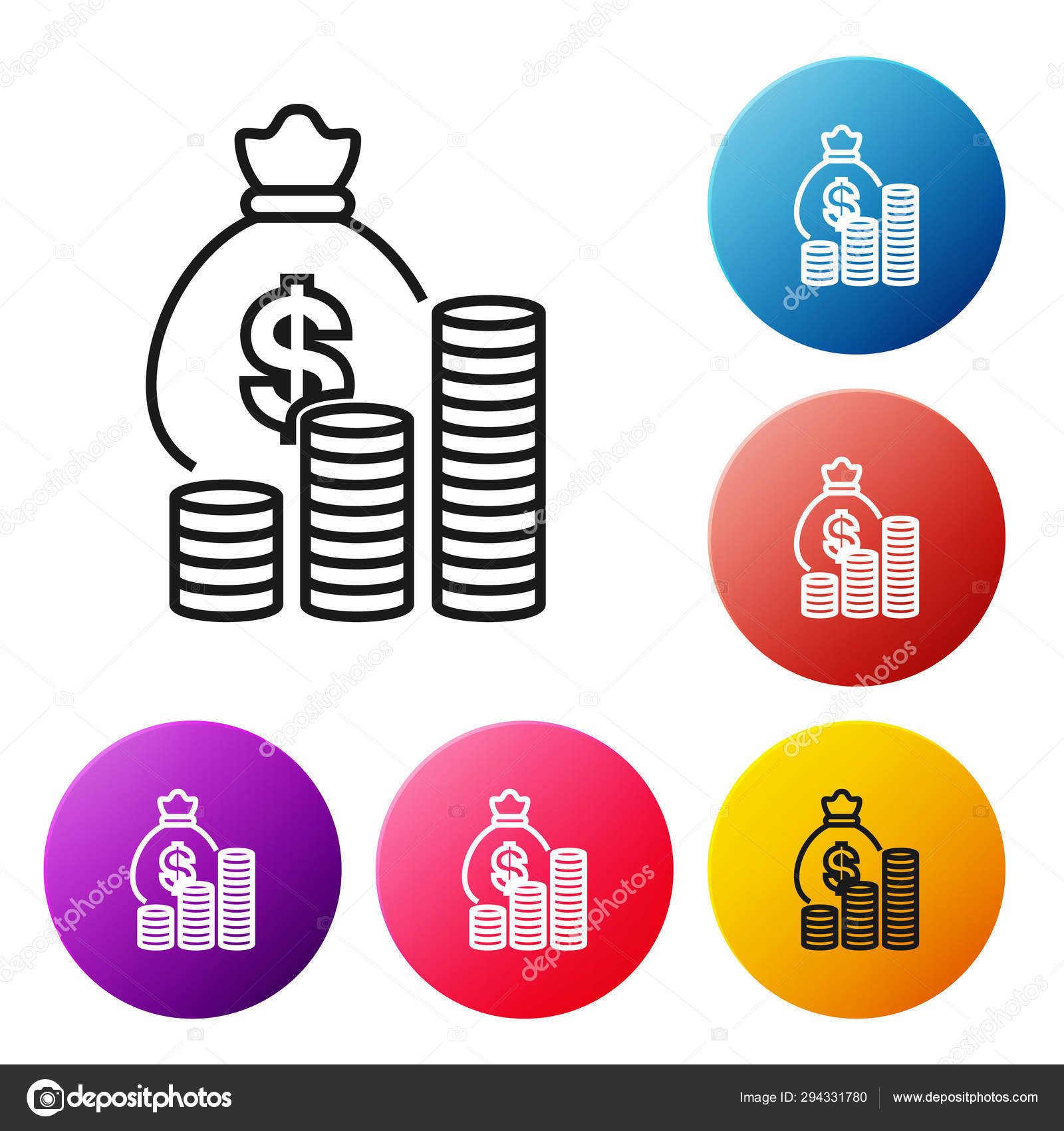 Black Line Money Bag And Co!   in Icon Isolated On White - 