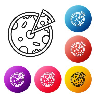 Siyah çizgi Pizza simgesi beyaz arka planda yalıtılmış. Fast food menüsü. Simgeleri renkli daire düğmeleri ayarlayın. Vektör İllüstrasyonu