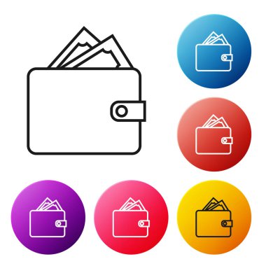 Beyaz arka planda izole yığılmış kağıt para nakit simgesi ile Siyah hat Cüzdan. Çanta simgesi. Nakit tasarruf sembolü. Simgeleri renkli daire düğmeleri ayarlayın. Vektör İllüstrasyonu
