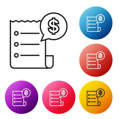 Siyah çizgi Kağıt denetimi ve mali kontrol simgesi beyaz arka planda yalıtılmış. Kağıt baskı çeki, mağaza makbuzu veya fatura. Simgeleri renkli daire düğmeleri ayarlayın. Vektör İllüstrasyonu