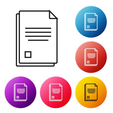 Beyaz arka planda yalıtılmış siyah satır Dosya belge simgesi. Denetim listesi simgesi. İş konsepti. Simgeleri renkli daire düğmeleri ayarlayın. Vektör İllüstrasyonu