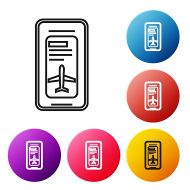 Beyaz arka planda elektronik biniş kartı uçak bileti simgesi ile Siyah hat Smartphone. Web ve uygulama için yolcu uçağı mobil bilet. Renkli daire düğmeleri simgeleri ayarlayın. Vektör İllüstrasyonu