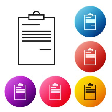 Beyaz arka planda yalıtılmış siyah çizgi Belge simgesi. Dosya simgesi. Denetim listesi simgesi. İş konsepti. Simgeleri renkli daire düğmeleri ayarlayın. Vektör İllüstrasyonu