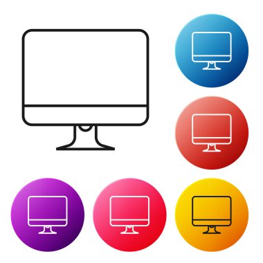 Siyah çizgi bilgisayar ekranı ekranı simgesi beyaz arkaplanda izole edildi. Elektronik cihaz. Ön manzara. Renkli daire düğmelerini ayarlayın. Vektör İllüstrasyonu