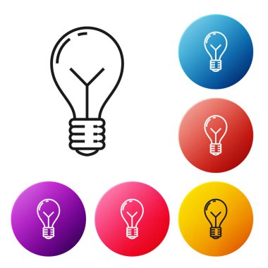 Fikir ikonu kavramına sahip siyah çizgi ampulü beyaz arkaplanda izole edildi. Enerji ve fikir sembolü. İlham konsepti. Renkli daire düğmelerini ayarlayın. Vektör İllüstrasyonu