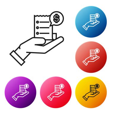 Siyah çizgi Beyaz arka planda yalıtılmış ödeme simgesi için boş makbuz veya fatura ile tutan Insan el. Bankacılık ve iş operasyonları. Simgeleri renkli daire düğmeleri ayarlayın. Vektör İllüstrasyonu