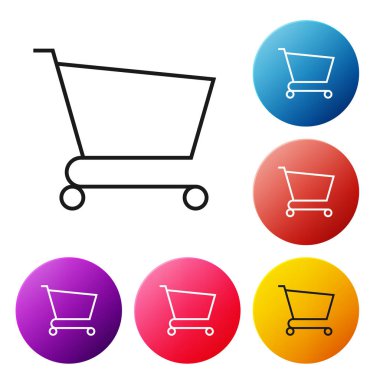 Siyah çizgi Alışveriş sepeti simgesi beyaz arka planda yalıtılmış. Online satın alma konsepti. Teslimat hizmeti işareti. Süpermarket sepeti sembolü. Simgeleri renkli daire düğmeleri ayarlayın. Vektör İllüstrasyonu