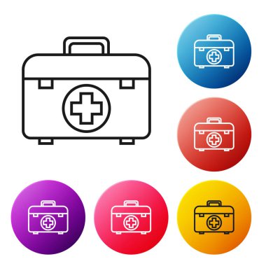 Siyah çizgi ilk yardım çantası simgesi beyaz arkaplanda izole edildi. Haçlı sağlık kutusu. Acil durumlar için tıbbi ekipman. Sağlık sigortası konsepti. Renkli daire düğmelerini ayarlayın. Vektör İllüstrasyonu