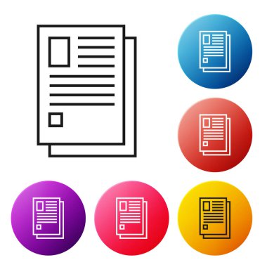 Beyaz arka planda yalıtılmış siyah satır Dosya belge simgesi. Denetim listesi simgesi. İş konsepti. Simgeleri renkli daire düğmeleri ayarlayın. Vektör İllüstrasyonu