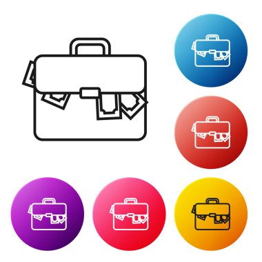 Siyah çizgi Evrak Çantası ve para simgesi beyaz arka plan üzerinde izole. İş davası işareti. İş portföyü. Simgeleri renkli daire düğmeleri ayarlayın. Vektör İllüstrasyonu