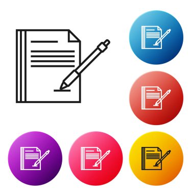 Siyah çizgi Boş dizüstü bilgisayar ve kalem simgesi beyaz arka planda yalıtılmış. Kağıt ve kalem. Simgeleri renkli daire düğmeleri ayarlayın. Vektör İllüstrasyonu