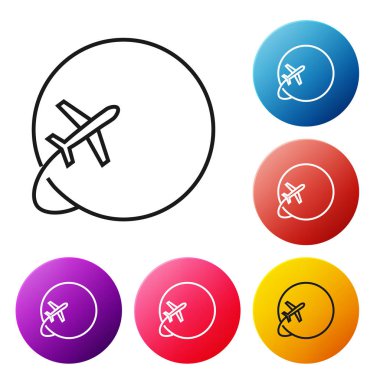 Beyaz arka plan üzerinde izole uçan uçak simgesi ile Siyah hat Globe. Uçak dünya gezegeninin etrafında uçar. Uçak dünya simgesi. Simgeleri renkli daire düğmeleri ayarlayın. Vektör İllüstrasyonu