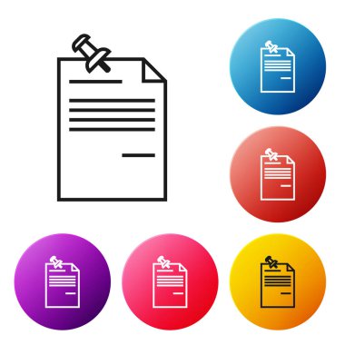 Beyaz arka planda yalıtılmış sabitlenmiş düğme simgesine sahip siyah satır Not kağıdı. Not kağıdı tabelası. Simgeleri renkli daire düğmeleri ayarlayın. Vektör İllüstrasyonu