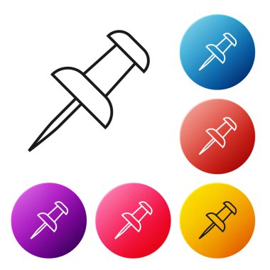 Beyaz arka planda yalıtılmış siyah çizgi Push pin simgesi. Raptiyeler işareti. Simgeleri renkli daire düğmeleri ayarlayın. Vektör İllüstrasyonu