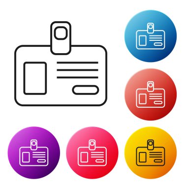 Beyaz arka planda yalıtılmış siyah çizgi tanımlama rozeti simgesi. Bu sunum için kullanılabilir, şirketin kimliği, reklam. Simgeleri renkli daire düğmeleri ayarlayın. Vektör İllüstrasyonu